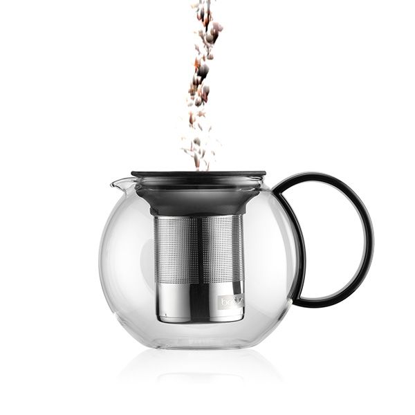 Tea Press Glass & Stainless Steel Filter with Black Plastic Lid, 34 oz