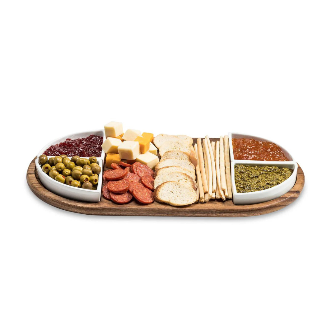 Charcuterie / Serving Tray w/ 4 Triangular Ceramic Bowls