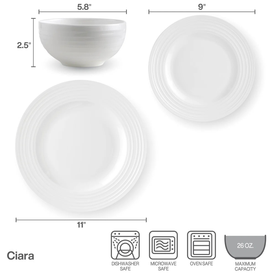Ciara 12pc Dinnerware set, Service for 4