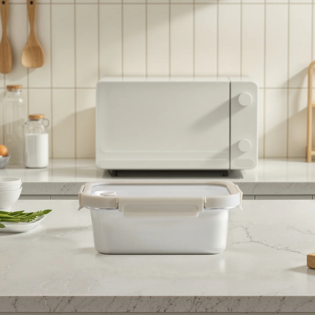 Vanilla Rect. Microwave Safe S/S Container With Vented Glass Lid- 61oz