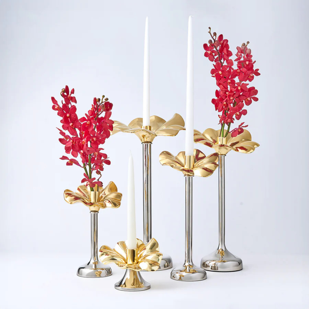 Blossom Platinum & Gold Tapered Candle Holder 10"