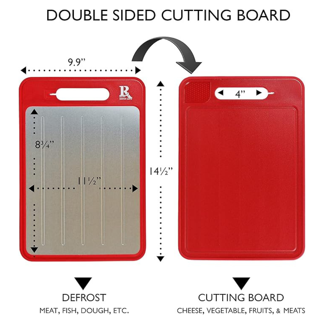 Multiple Function Cutting Board with Defrosting Tray, Zester & Knife Sharpner - Red