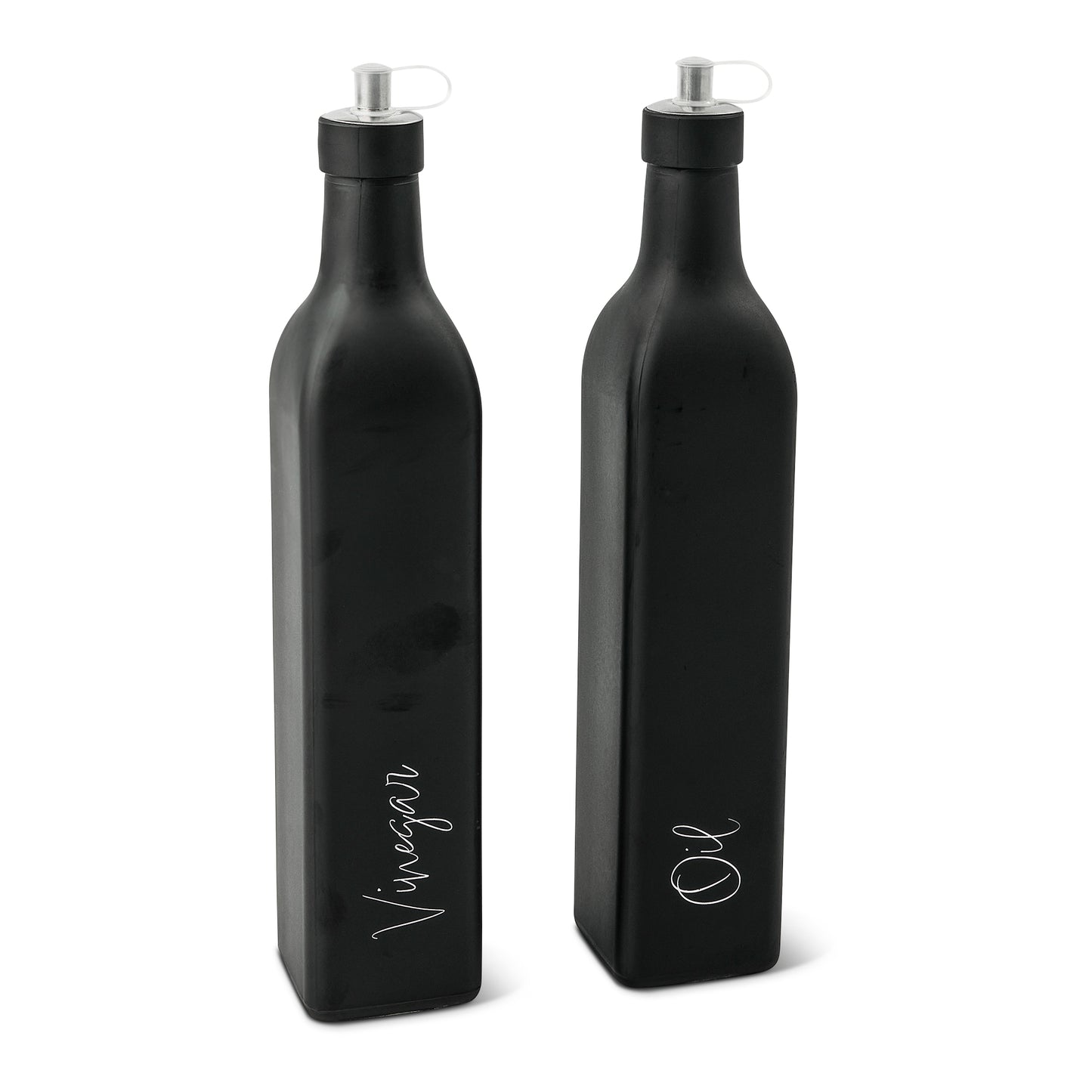 2Pk Cruets Iron Stand Matte Black Oil & Vinegar Script