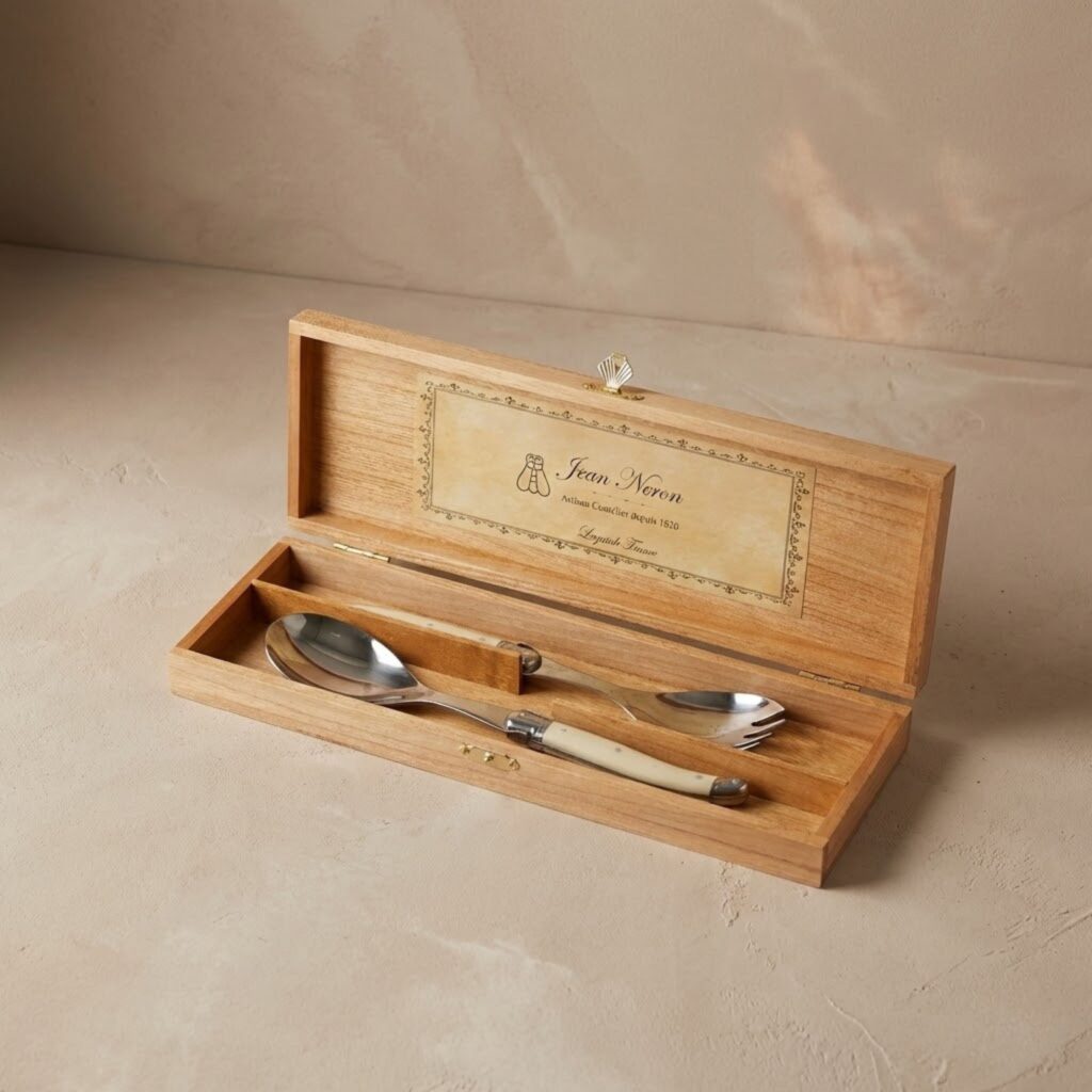 Laguiole Salad Serving Set, Ivory in Wooden Box