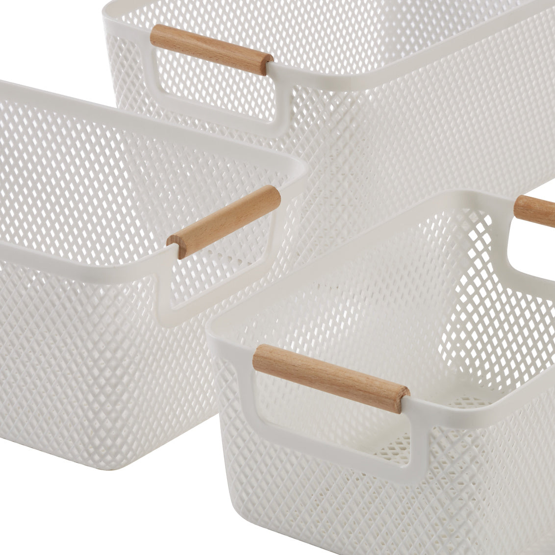 N&T Malla PP Basket with Wooden Handle White Set of 3