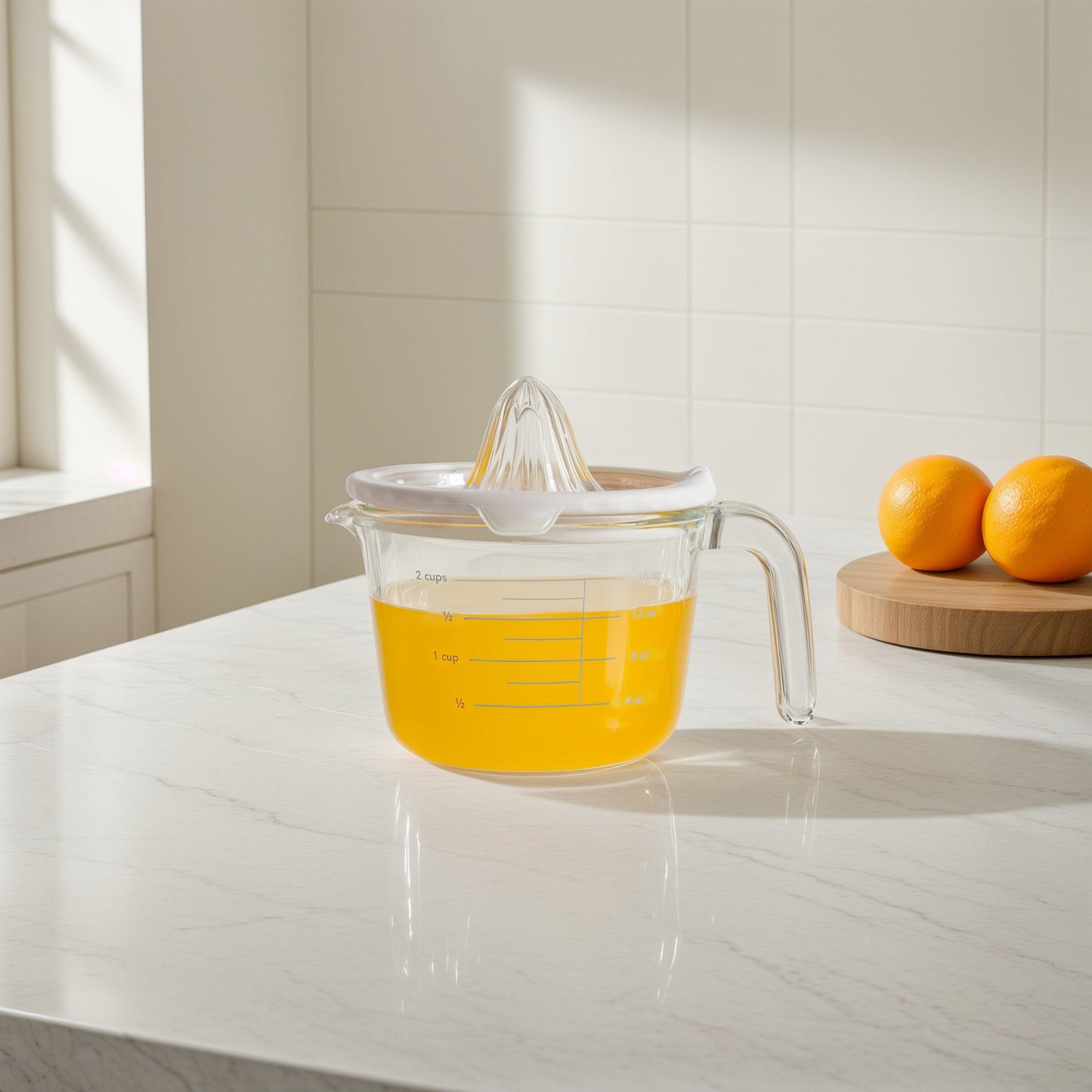 Glass Measuring Cup With Glass Citrus Juicer Lid