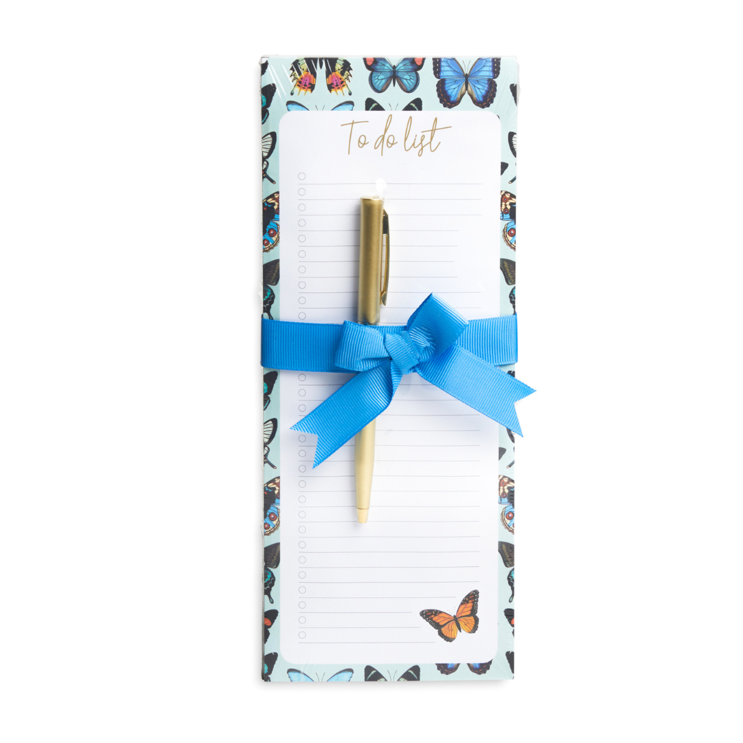 Bloc de notas y bolígrafo de 4" x 10" - Mariposa azul