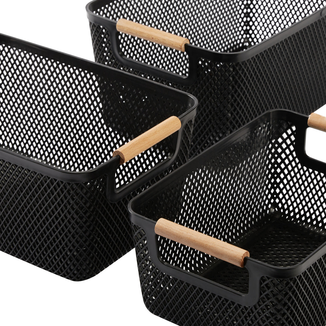N&T Malla PP Basket with Wooden Handle Black Set of 3
