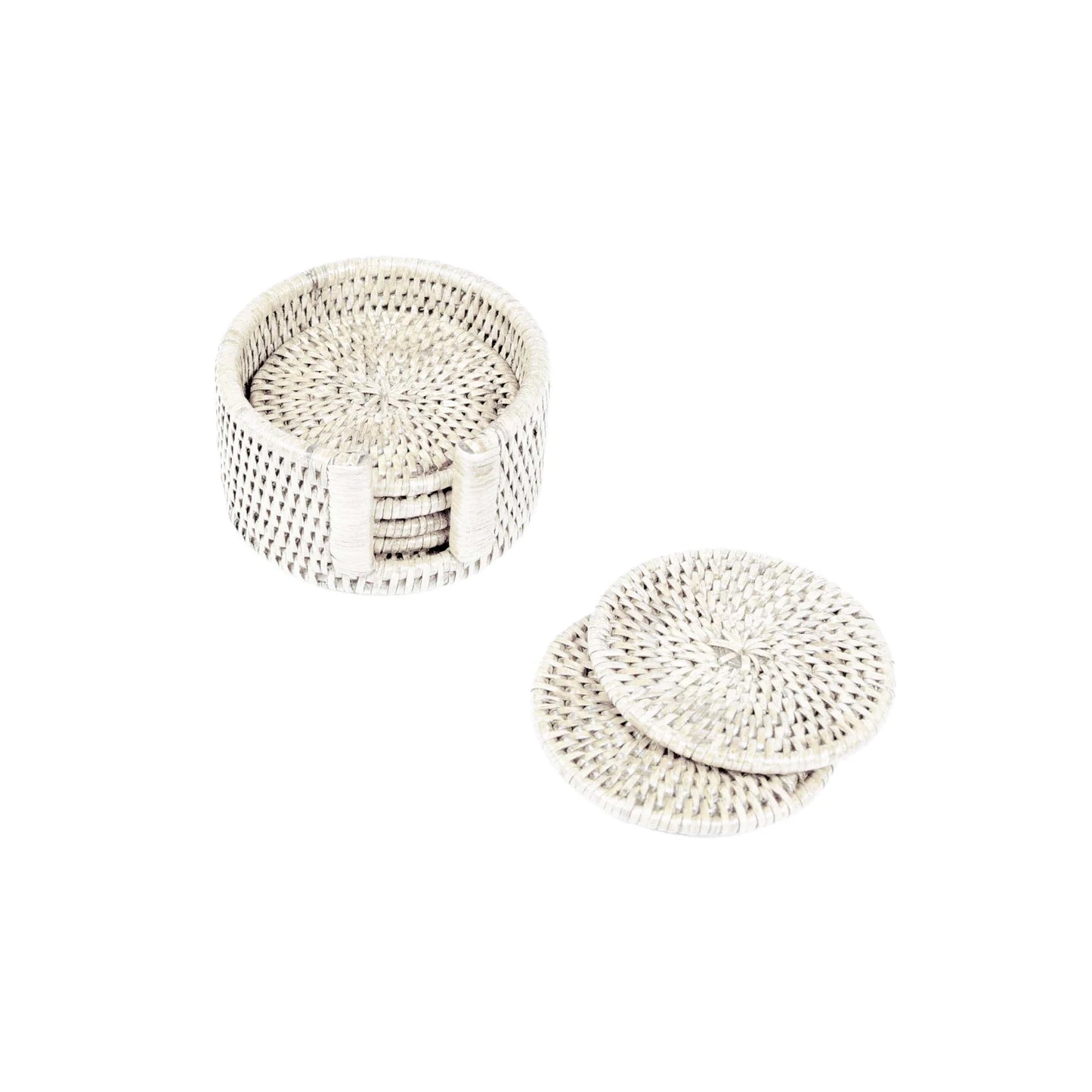 Rattan Round Coaster and Holder Set in Cream - Set of 6 Coasters