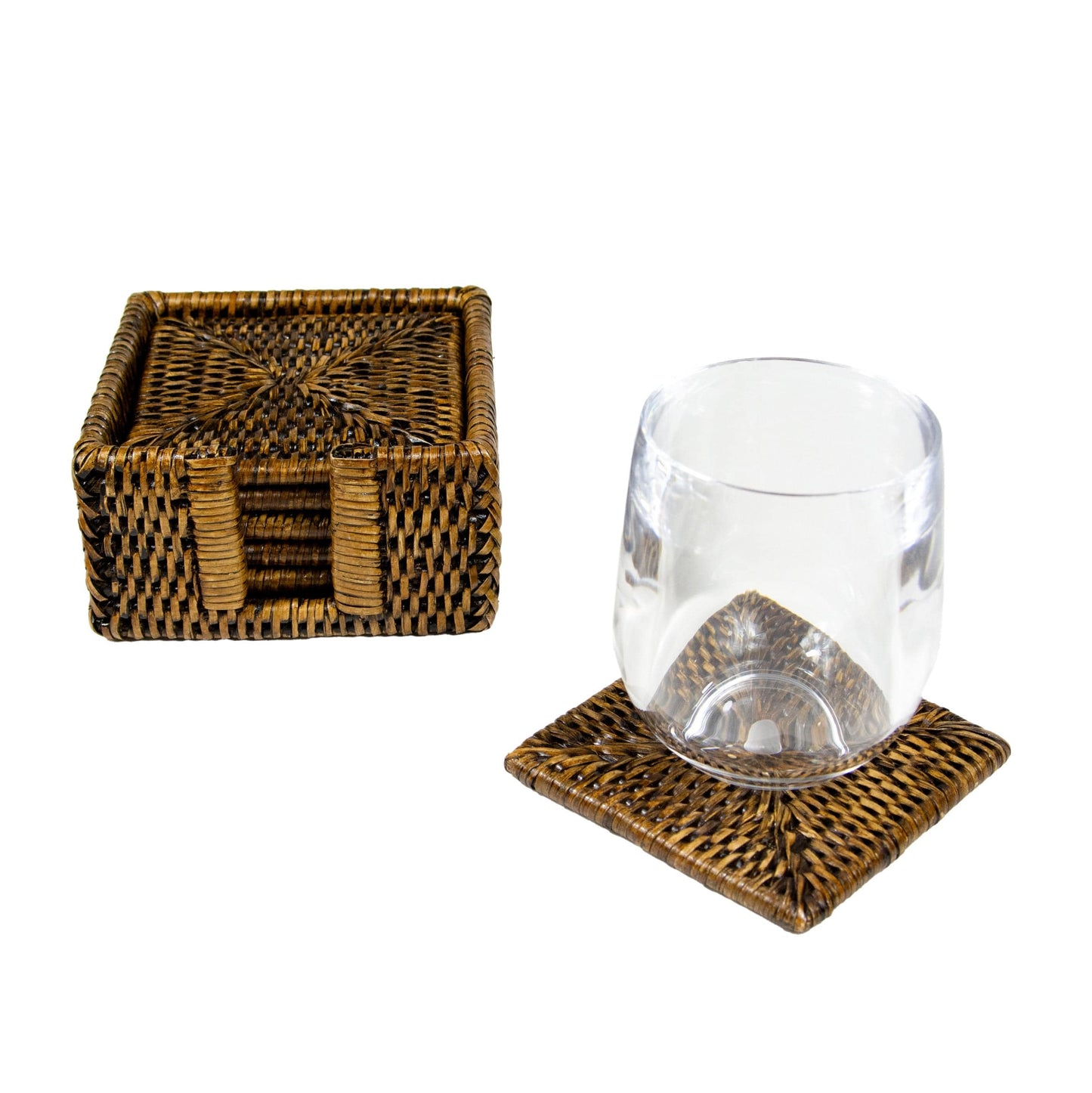 Rattan Square Coaster and Holder Set in Natural - Set of 6 Coasters and 1 Napkin Holder