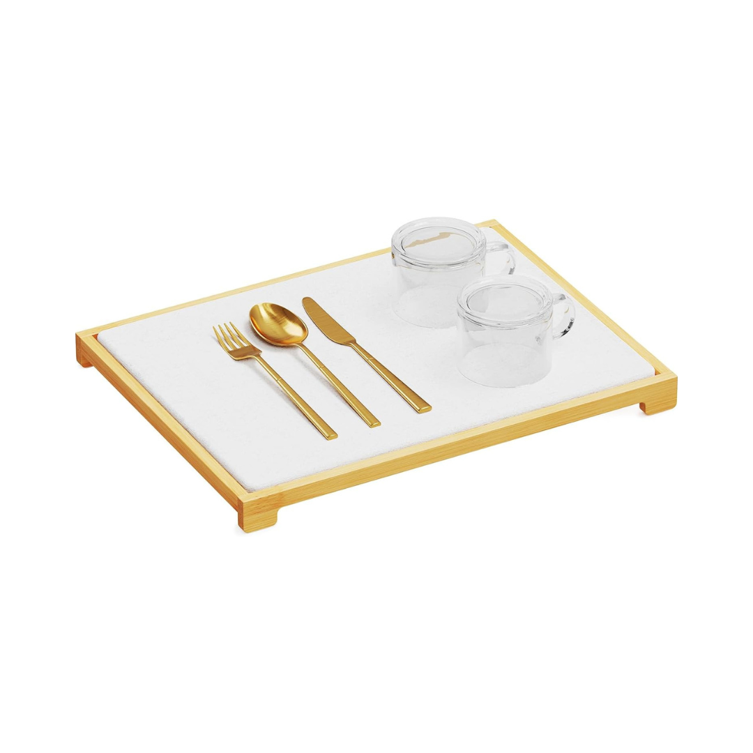 Diatomite Drying Mat with Bamboo Base - White