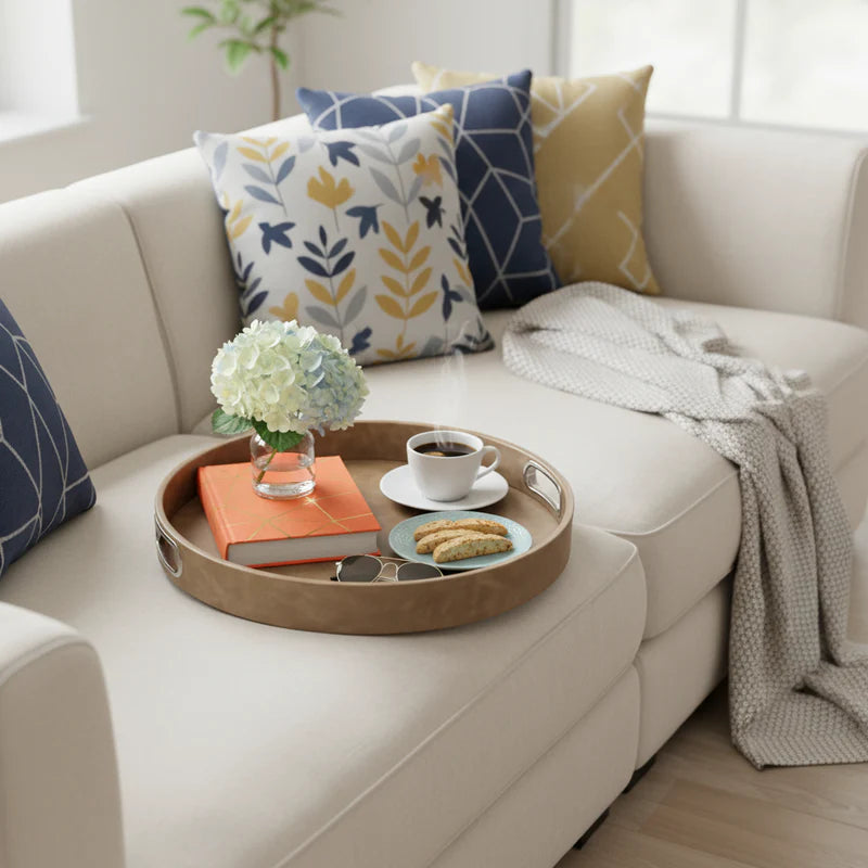 Round Vegan Leather Tray with Chrome Handles