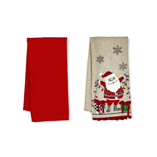 Santa With Tree Lights Embroidered Dish Towels Set Of 2