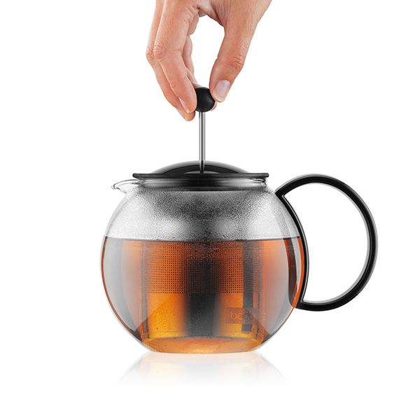 Tea Press Glass & Stainless Steel Filter with Black Plastic Lid, 34 oz