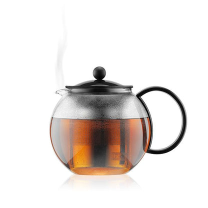 Tea Press Glass & Stainless Steel Filter with Black Plastic Lid, 34 oz
