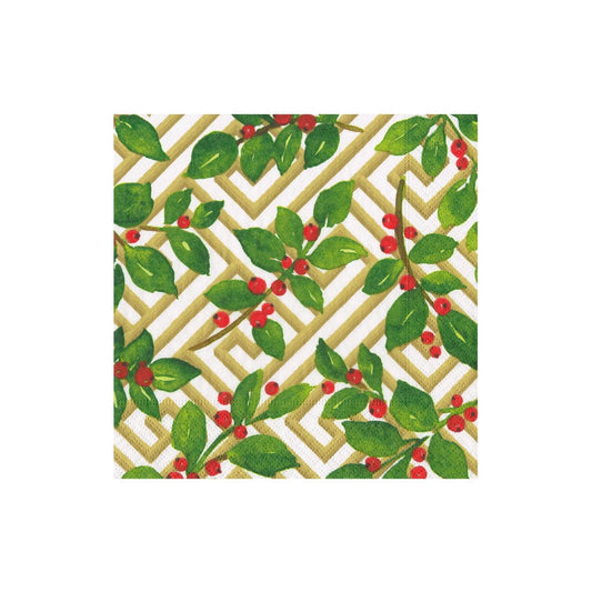 Holly and Fretwork White Cocktail Napkin