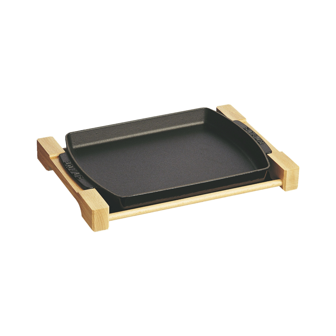 Rectangular Serving Dish With Wood Base, Black Matte