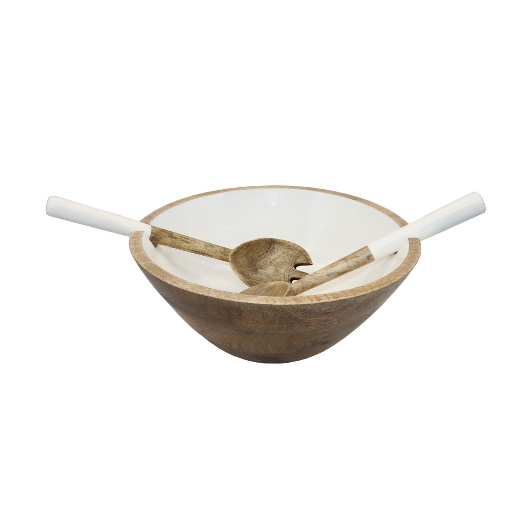 Wood & Enamel Salad Bowl with Servers