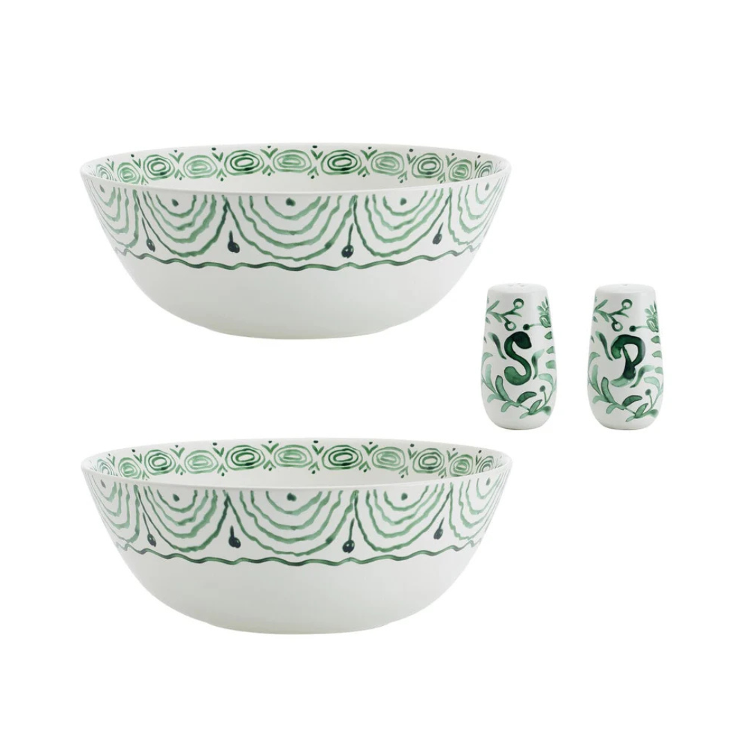 Sicily Green Set of 2 Serving Bowls with Salt & Pepper Set