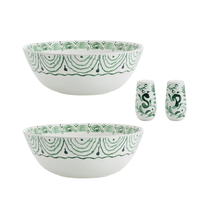 Sicily Green Set of 2 Serving Bowls with Salt & Pepper Set