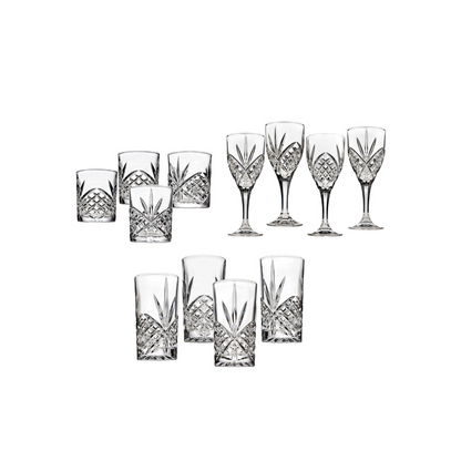 Dublin Crystal Double Old Fashion, Goblet, & Highball Glassware - Set of 12