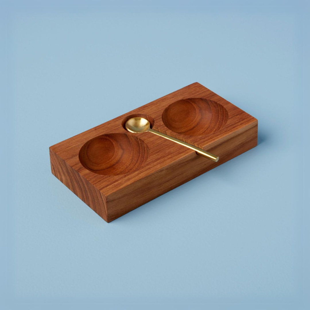 Teak Plank Salt & Pepper Cellar with Gold Spoon