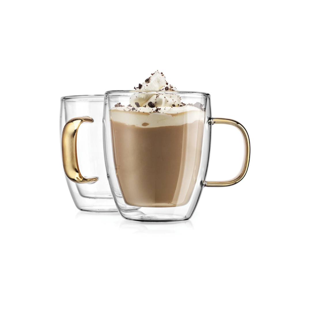 Coffee Double Wall Gold Handle Mug, Set of 2