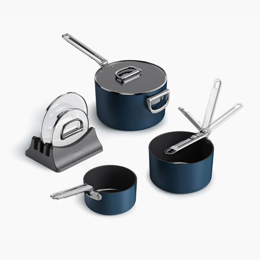 Space Folding Handle Ceramic Non-stick 3-piece Blue Saucepan Set