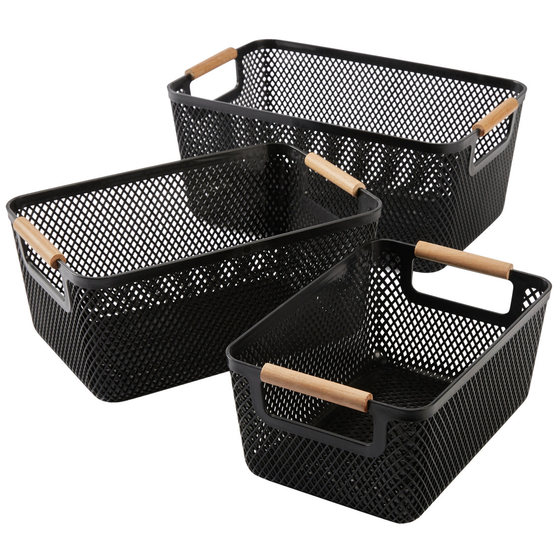 N&T Malla PP Basket with Wooden Handle Black Set of 3