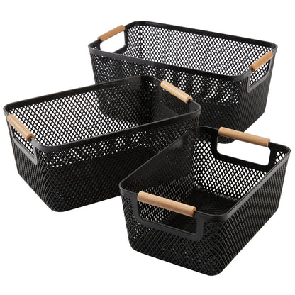 N&T Malla PP Basket with Wooden Handle Black Set of 3