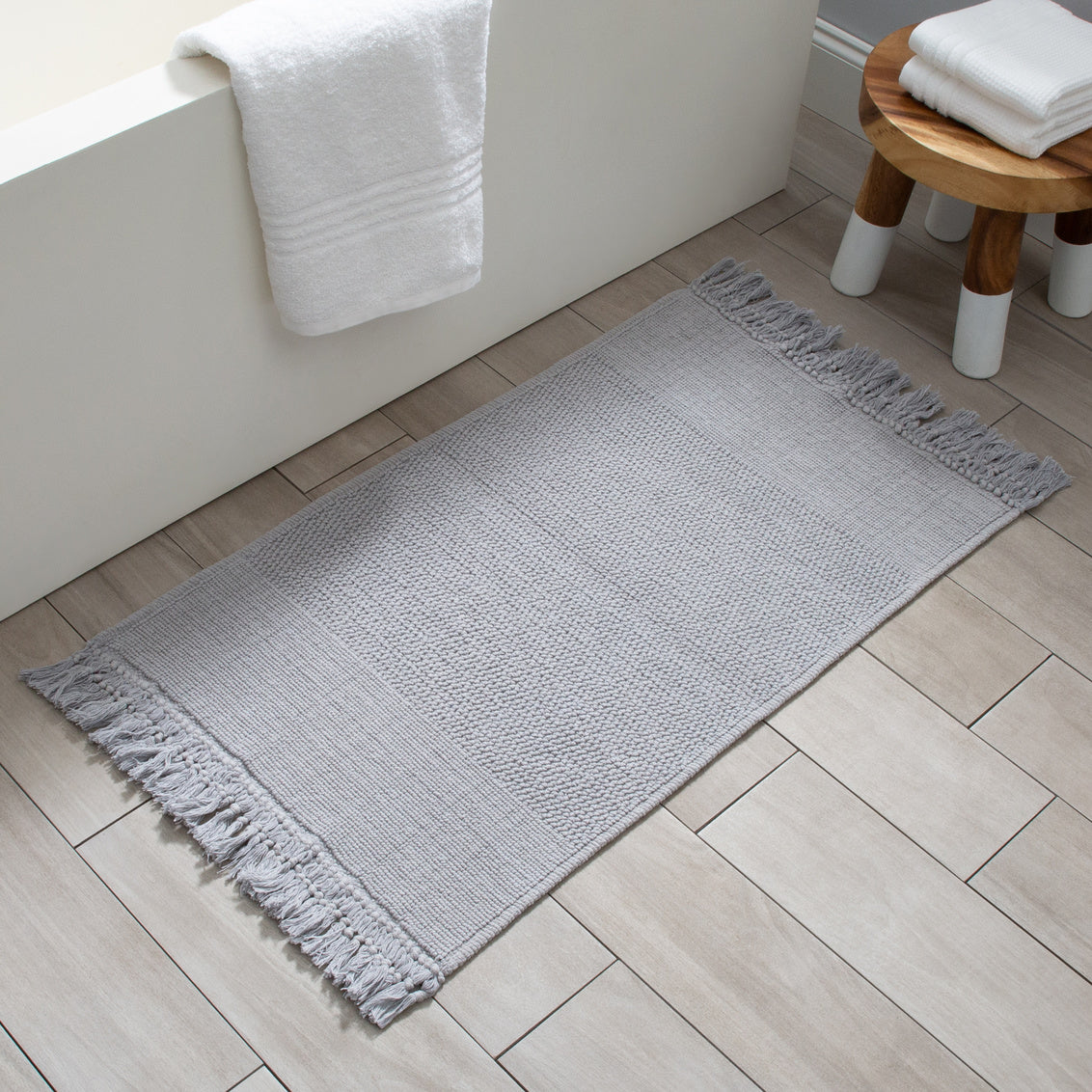 Carlaw Bath Mat Tasseled 100% Cotton Light Grey 21"X 34"
