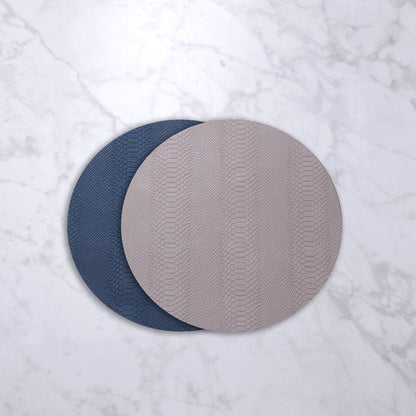 VIDA Croc Reversible 15.5" Round Placemats Set of 4 (Blue and Taupe)