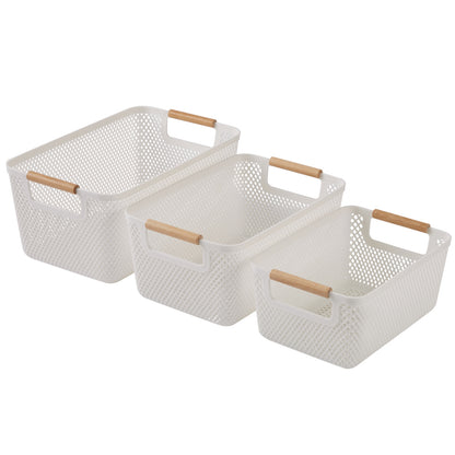 N&T Malla PP Basket with Wooden Handle White Set of 3