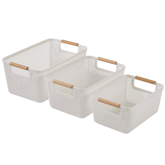 N&T Malla PP Basket with Wooden Handle White Set of 3