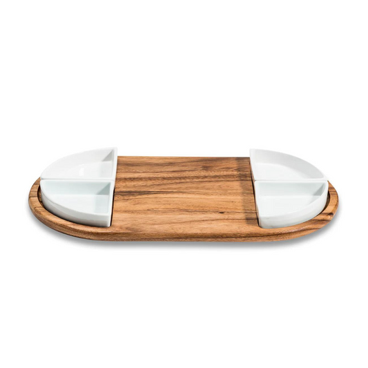 Charcuterie / Serving Tray w/ 4 Triangular Ceramic Bowls