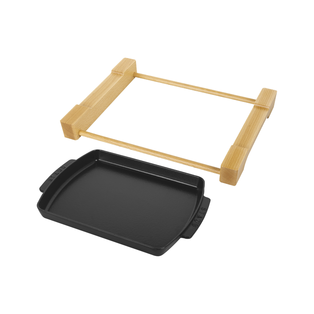 Rectangular Serving Dish With Wood Base, Black Matte