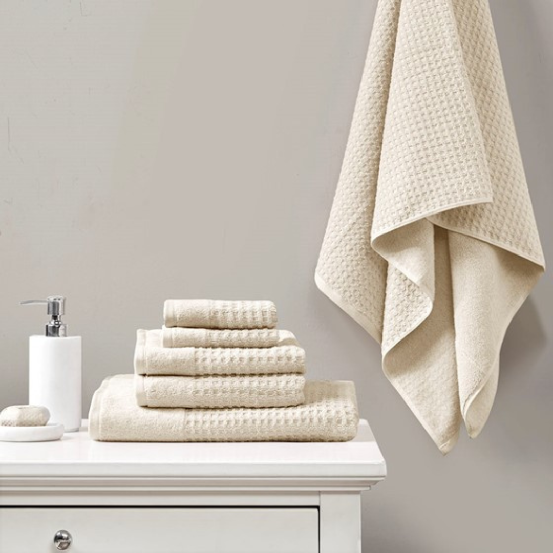 Spa Waffle Cotton Jacquard Antimicrobial Bath Towel 6 Piece Set - Natural