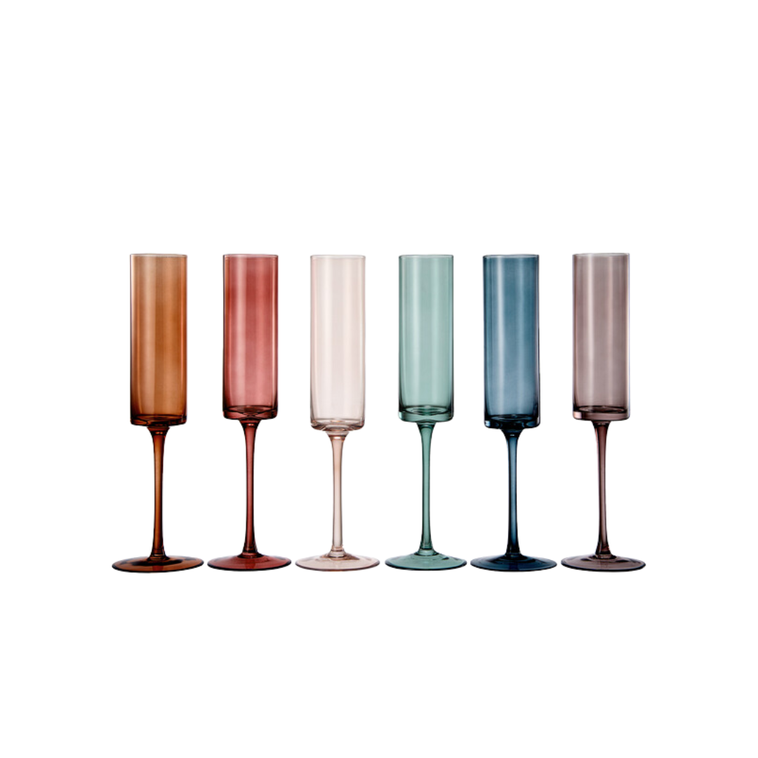 Set of 6 Khen Muted Rainbow Champagne Flute Stemmed Glasses