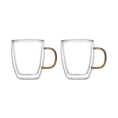 Coffee Double Wall Gold Handle Mug, Set of 2