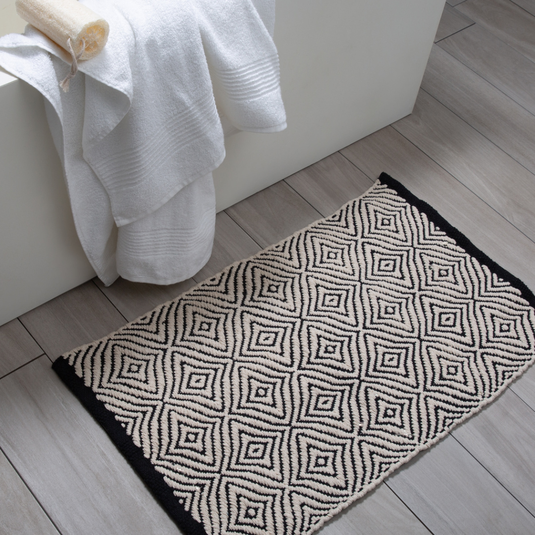 Alfombrilla de baño azteca 100 % algodón, color negro y natural, 20 x 32 pulgadas, 1750 g/m²