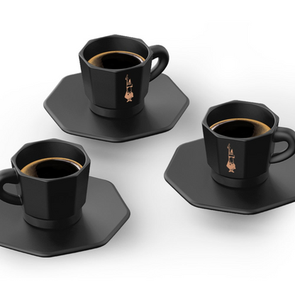 Juego de 4 tazas de café octagonales en color negro y oro rosa