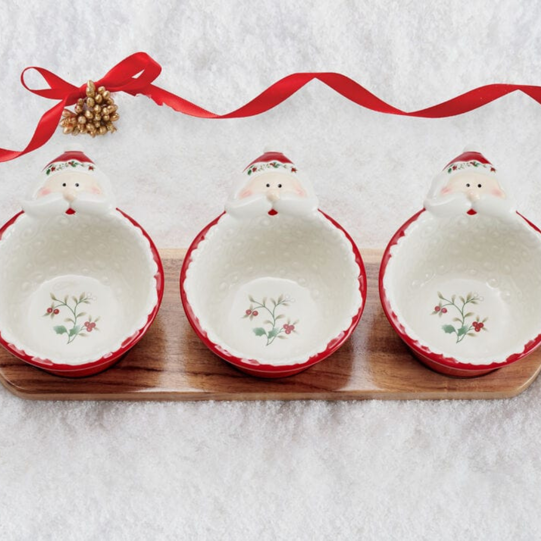 Winterberry® Set of 3 Santa Dip Bowls with Wood Base