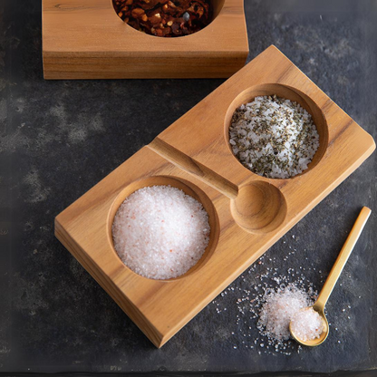 Teak Plank Salt & Pepper Cellar with Gold Spoon