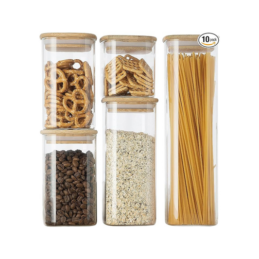 Glass Food Storage Jars with Bamboo Lids - 10 pc Set