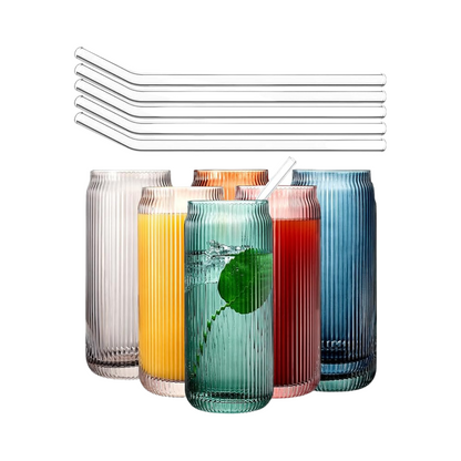 Set of 6 Colorful Highball Glasses & Glass Straws