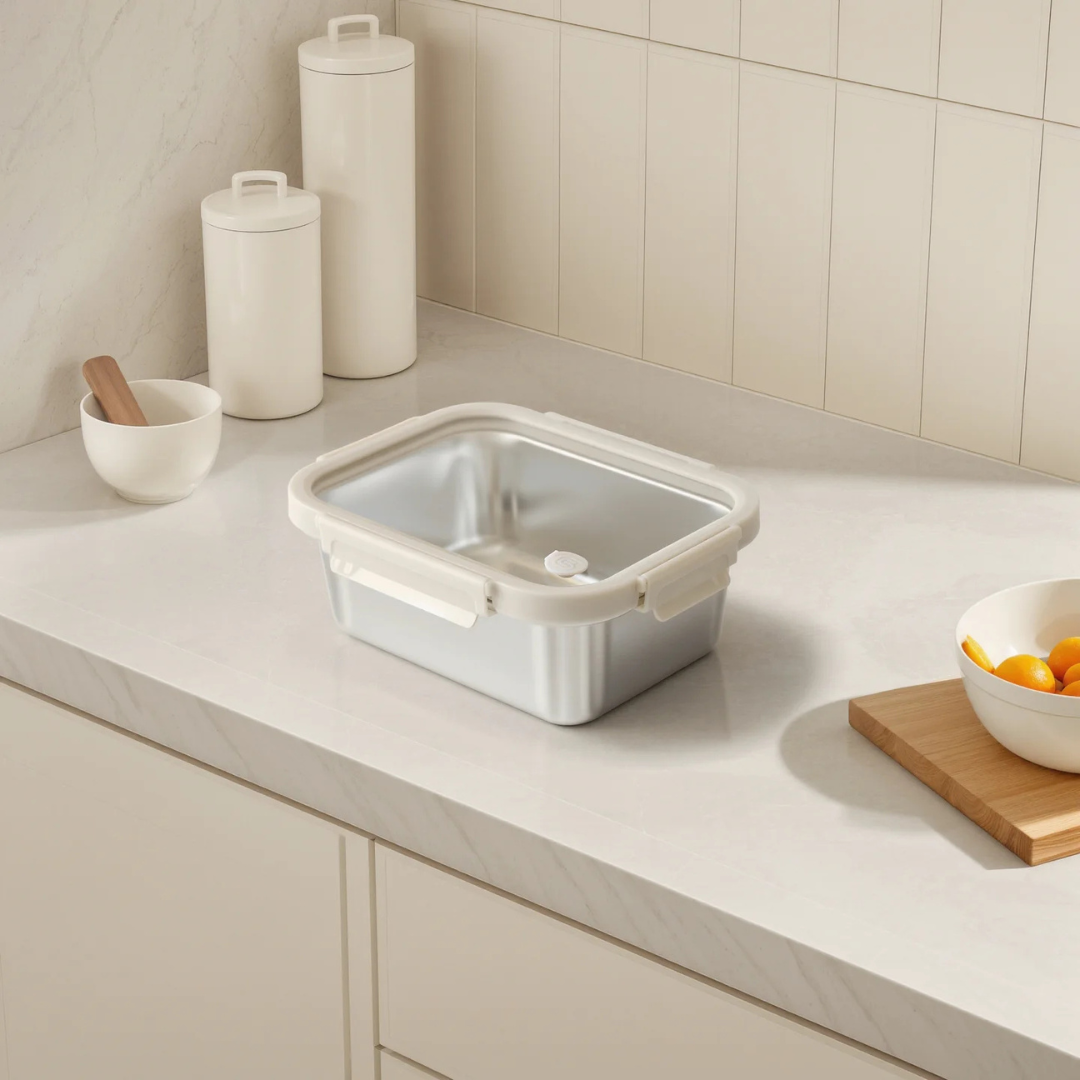 Vanilla Rect. Microwave Safe S/S Container With Vented Glass Lid- 61oz