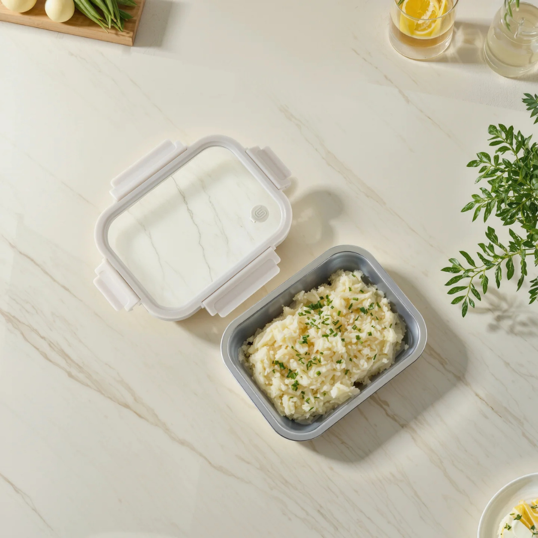 Vanilla Rect. Microwave Safe S/S Container With Vented Glass Lid -41oz