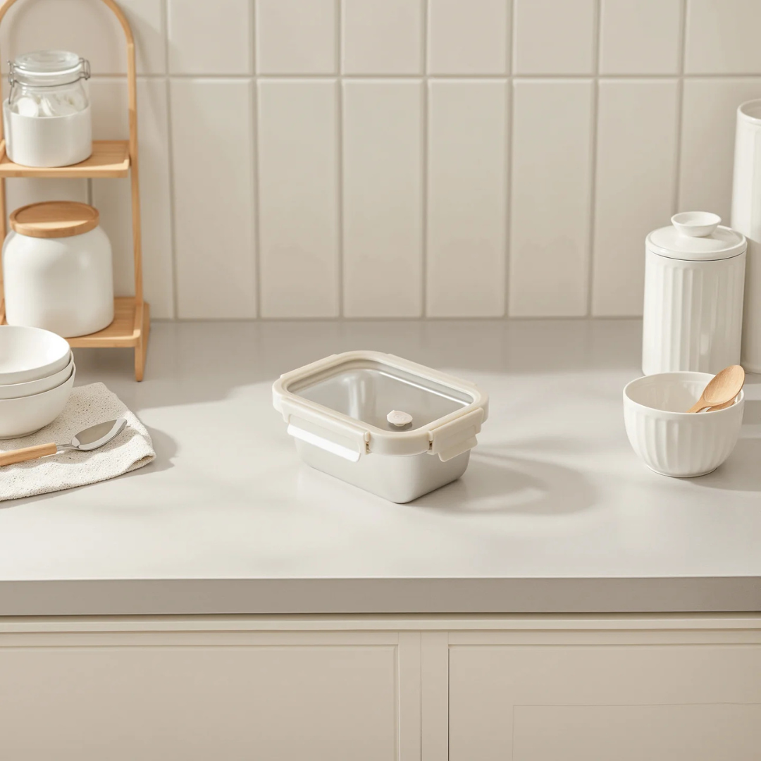 Vanilla Rect. Microwave Safe S/S Container With Vented Glass Lid - 27oz