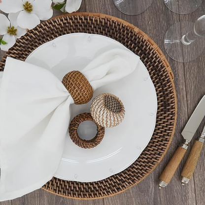 Woven Rattan Napkin Ring 2.4" White Set Of 4