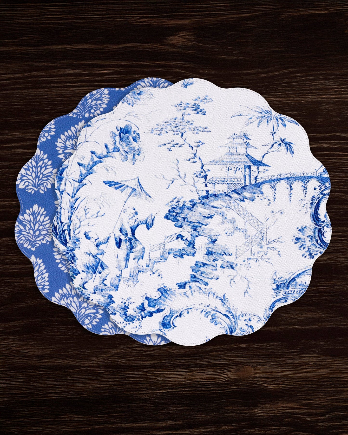 VIDA Chinoiserie Reversible Round Placemats Set of 4 Blue & White